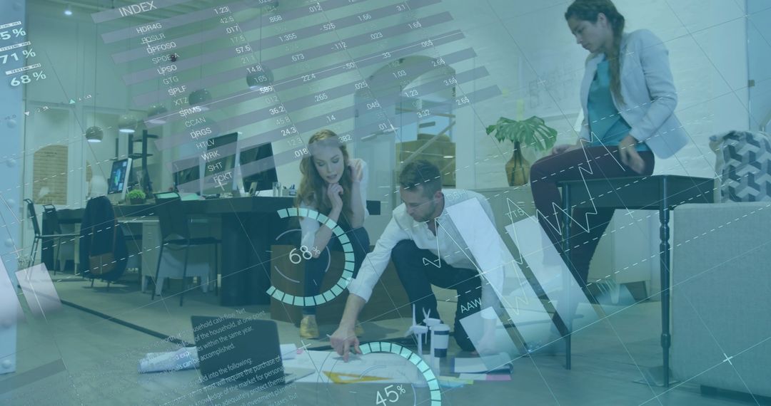 Business Team Analyzing Financial Data with Augmented Reality Overlay