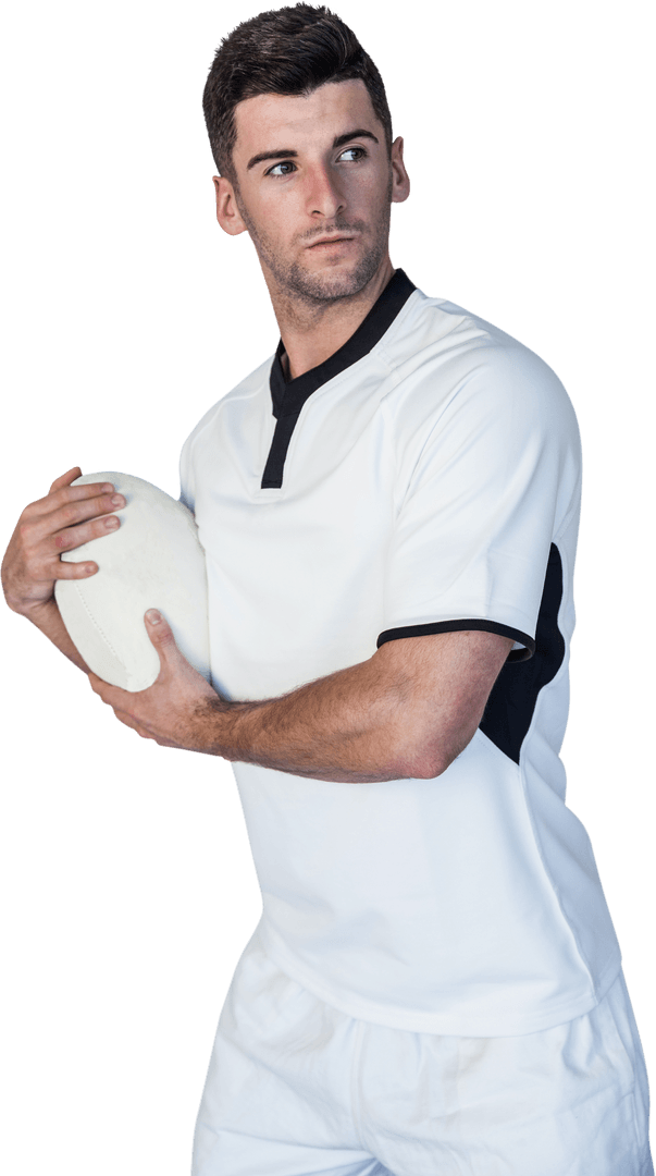 Transparent Rugby Player Posing Holding Ball in Action Ready Stance