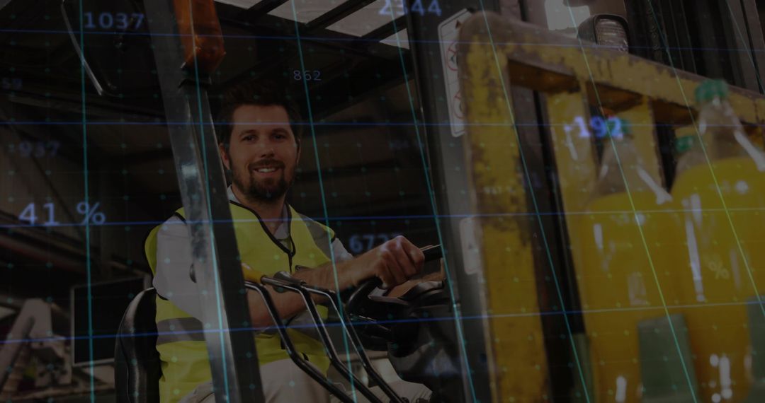 Man Operating Forklift with Hi-Vis Vest in Industrial Warehouse