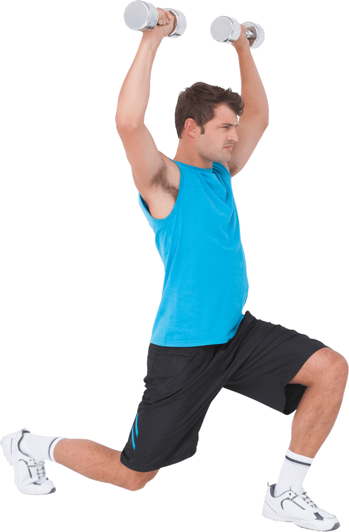 Transparent Fit Man Lifting Dumbbells in Lunge Position