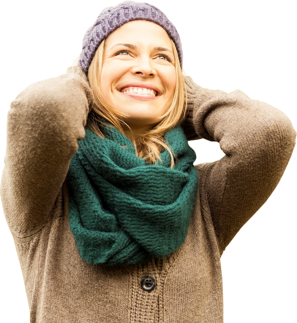 Happy Caucasian Woman Smiling in Winter Attire on Transparent Background - Download Free Stock Images Pikwizard.com