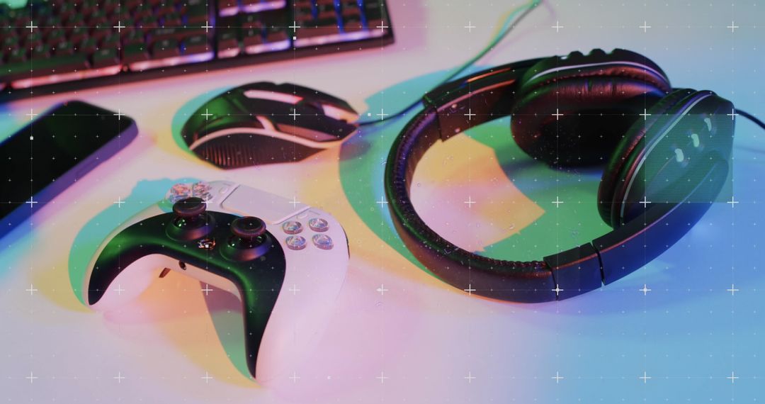 Gaming Gear on Desk with Illuminated Neon Lights