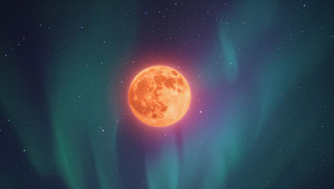 Mesmerizing Glowing Orange Moon Amidst Starry Aurora Night Sky