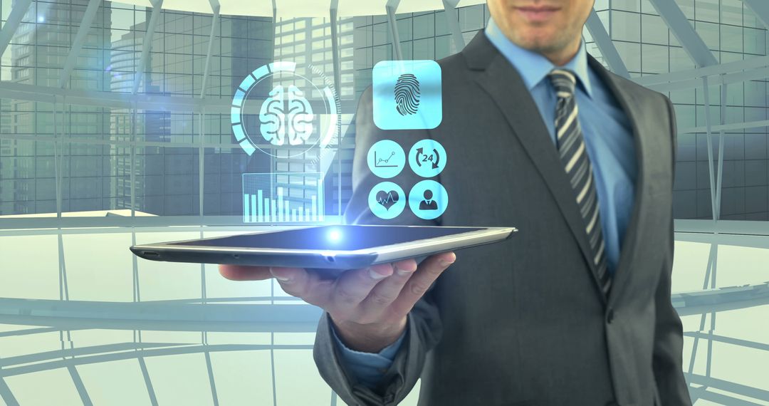 Business Professional Displays Futuristic Virtual Interface on Tablet