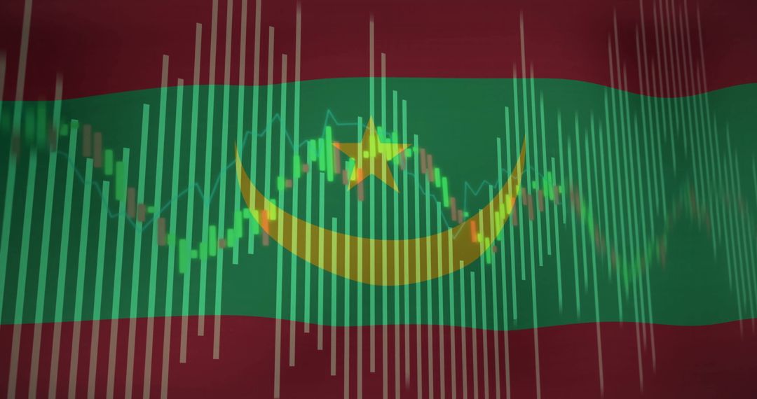 Mauritania Flag with Financial Candlestick and Line Graph