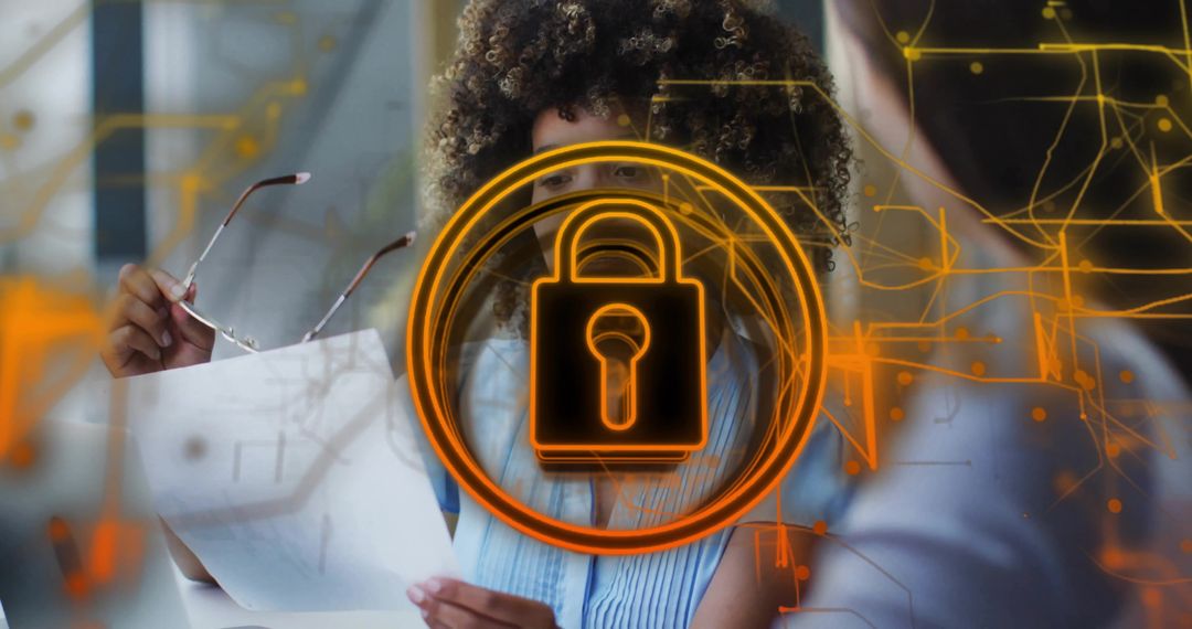 Woman Reviewing Documents with Digital Lock Overlay for Cybersecurity and Data Protection