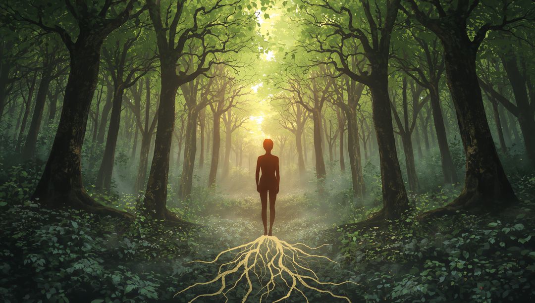 Standing Silhouette Connecting Glowing Roots on Misty Woodland Path Under Sunlit Canopy