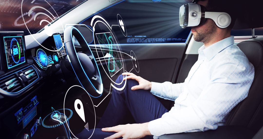 Businessman Using VR in Self-Driving Car with Futuristic Features