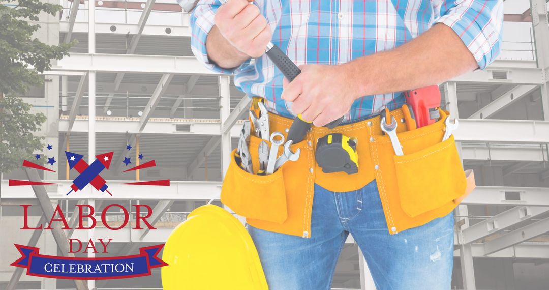 Construction Worker with Tool Belt Celebrating Labor Day