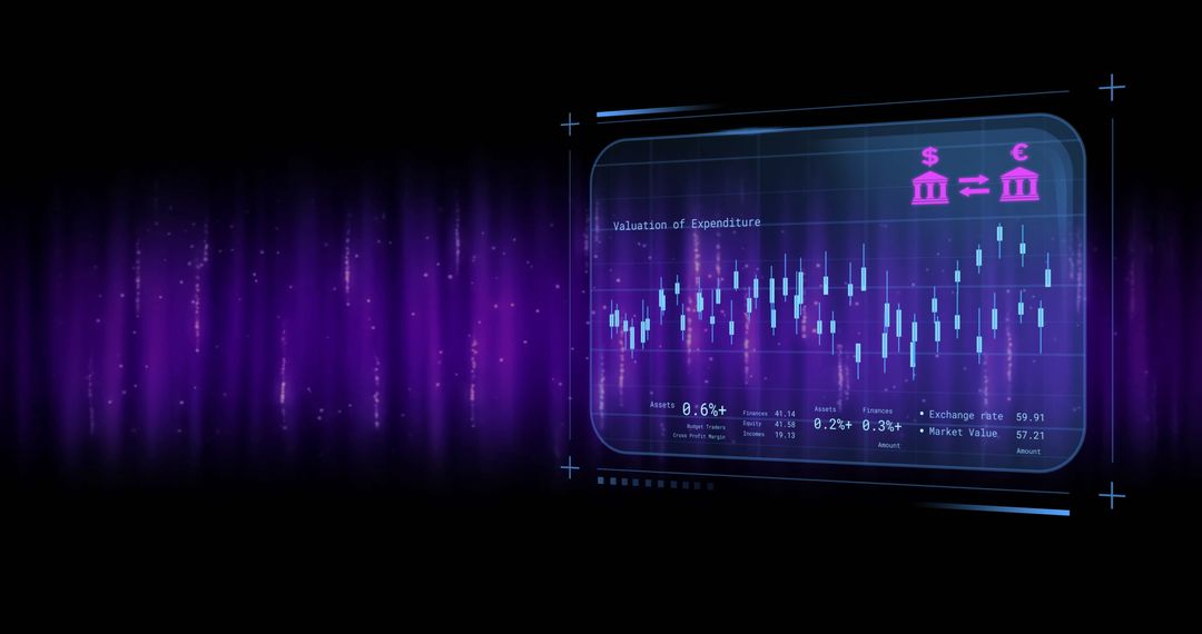 Digital Financial Data Processing with Purple Light Trails Background