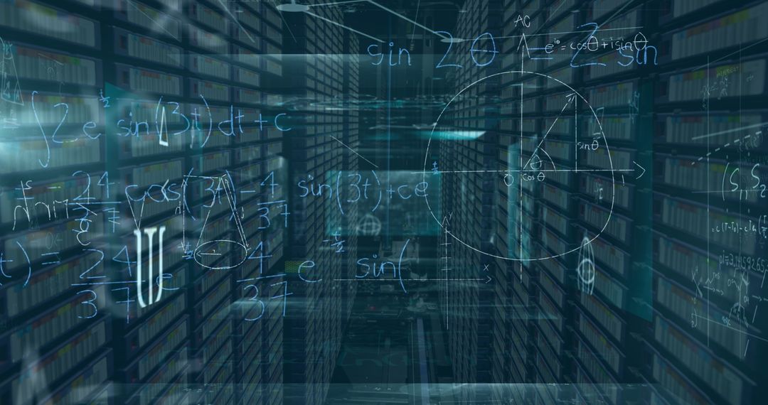 Math Equations Overlayed on Computer Servers for Data Analysis
