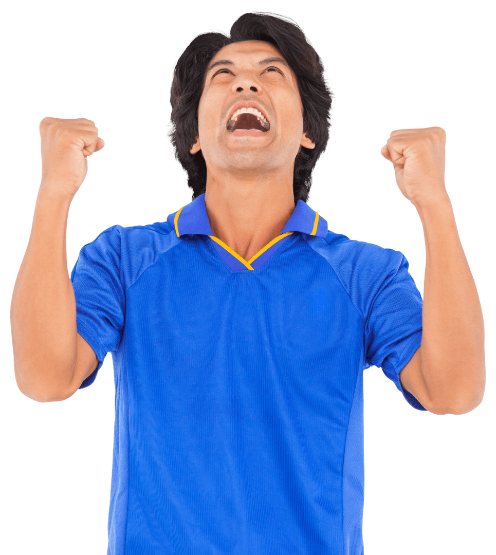 Joyous Asian Man Cheering with Victory Gesture Transparent Background