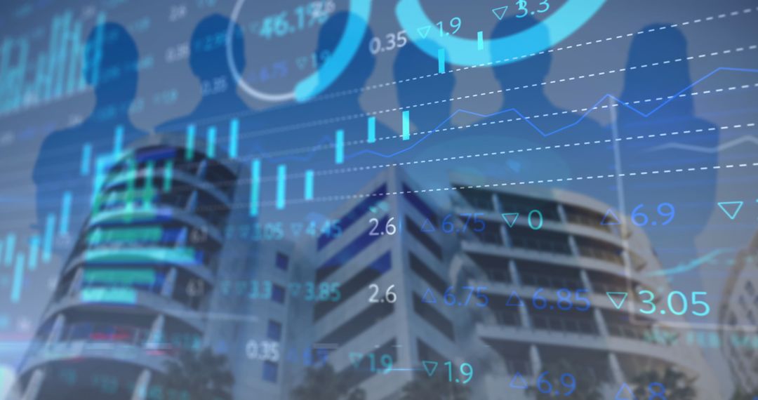 Silhouettes Over Modern Buildings with Stock Market Data