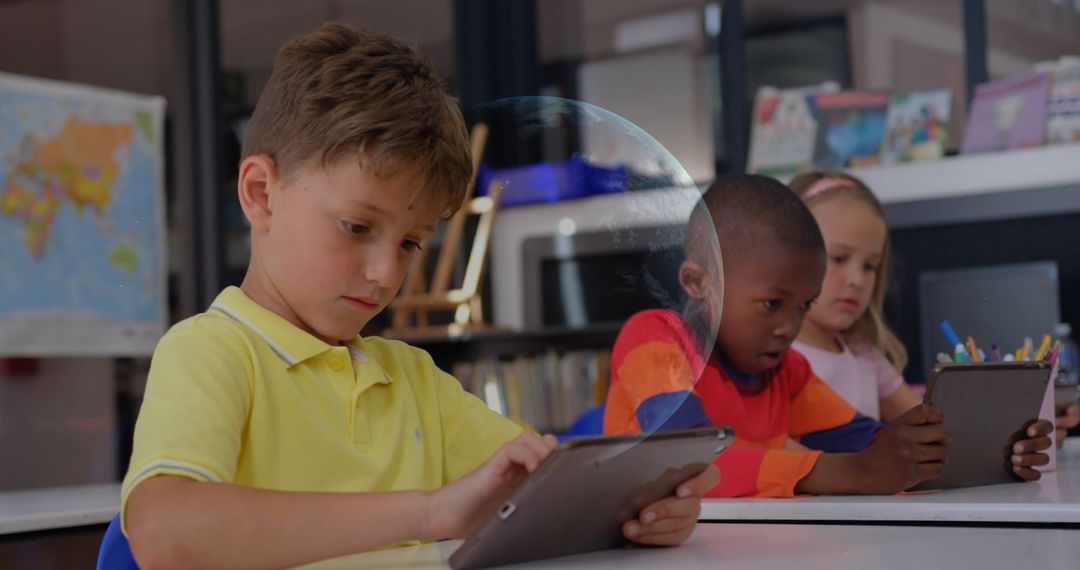 Multicultural Kids in Class Interacting with Technology and Visual Data