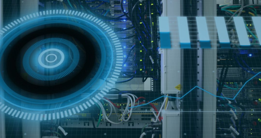 Data Processing in Server Room with Digital Interface Overlay