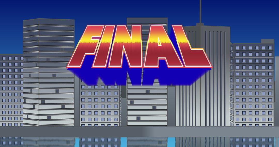 Retro Video Game Graphic with Cityscape and FINAL Text