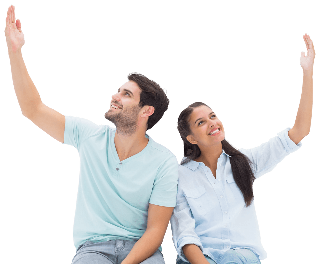 Smiling Couple Sitting with Arms Raising on Transparent Background