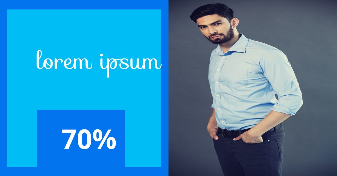 Stylish Man in Business Attire with Blue Graphic Branding