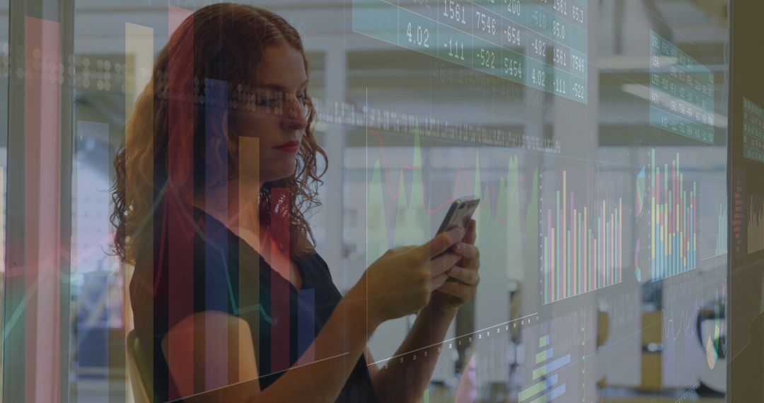 Business Analyst Using Smartphone with Data Charts Projection in Modern Office