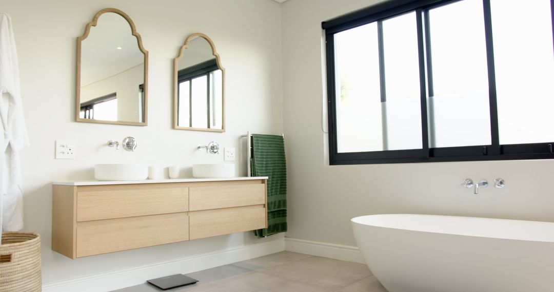 Minimalist Bathroom with Floating Wood Vanity and Twin Sinks