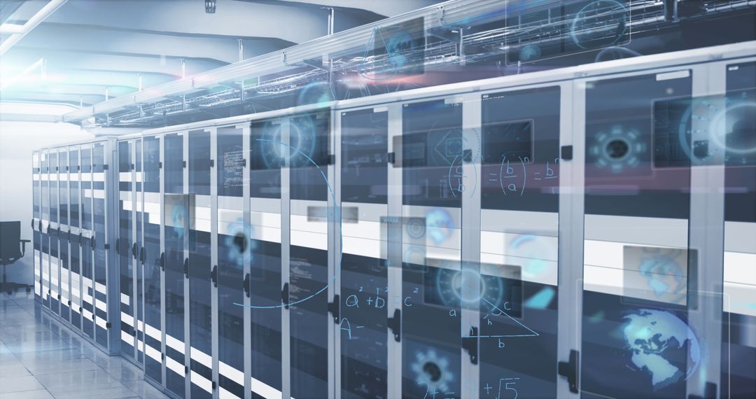 Futuristic Data Processing in Server Room with Digital Interface Overlays