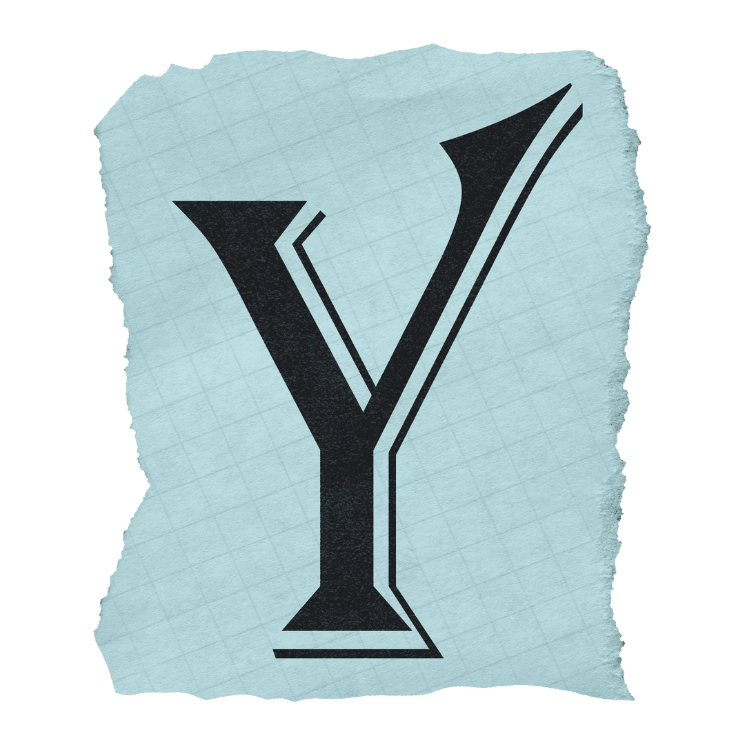 Stylized Transparent Letter Y on Torn Blue Grid Paper