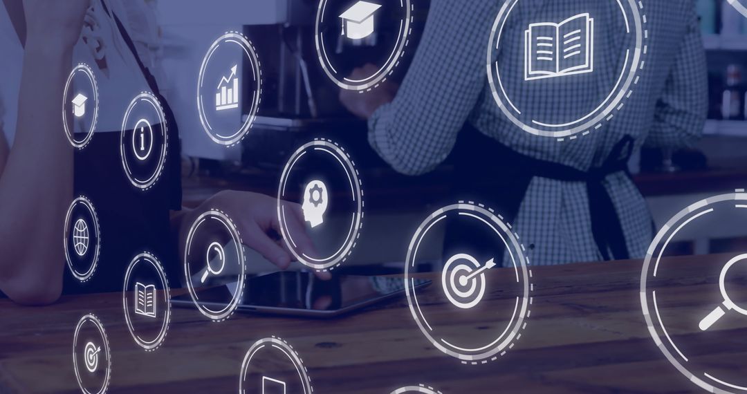 Digital Network Overlap with Woman Using Tablet in Office