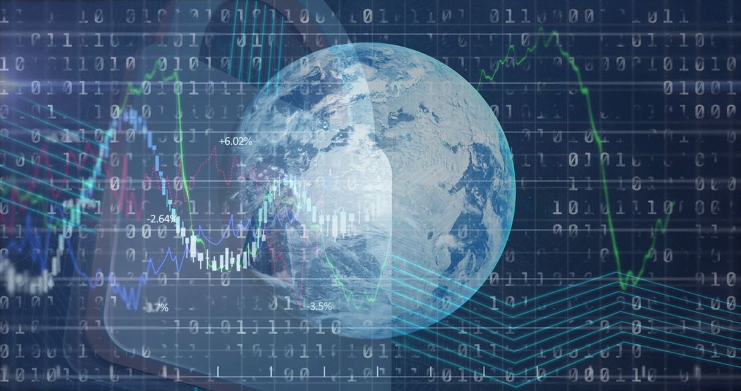 Global Data Analytics Overlaying 3D Earth with Binary Code and Financial Charts