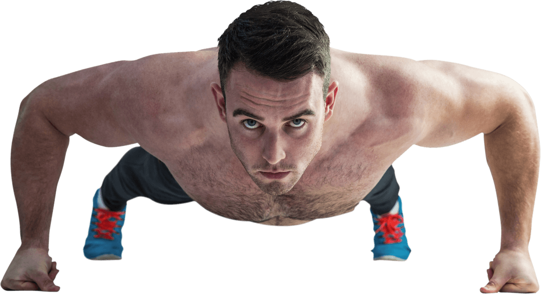 Muscular Man Performing Push-Up Transparent Background Fitness Concept