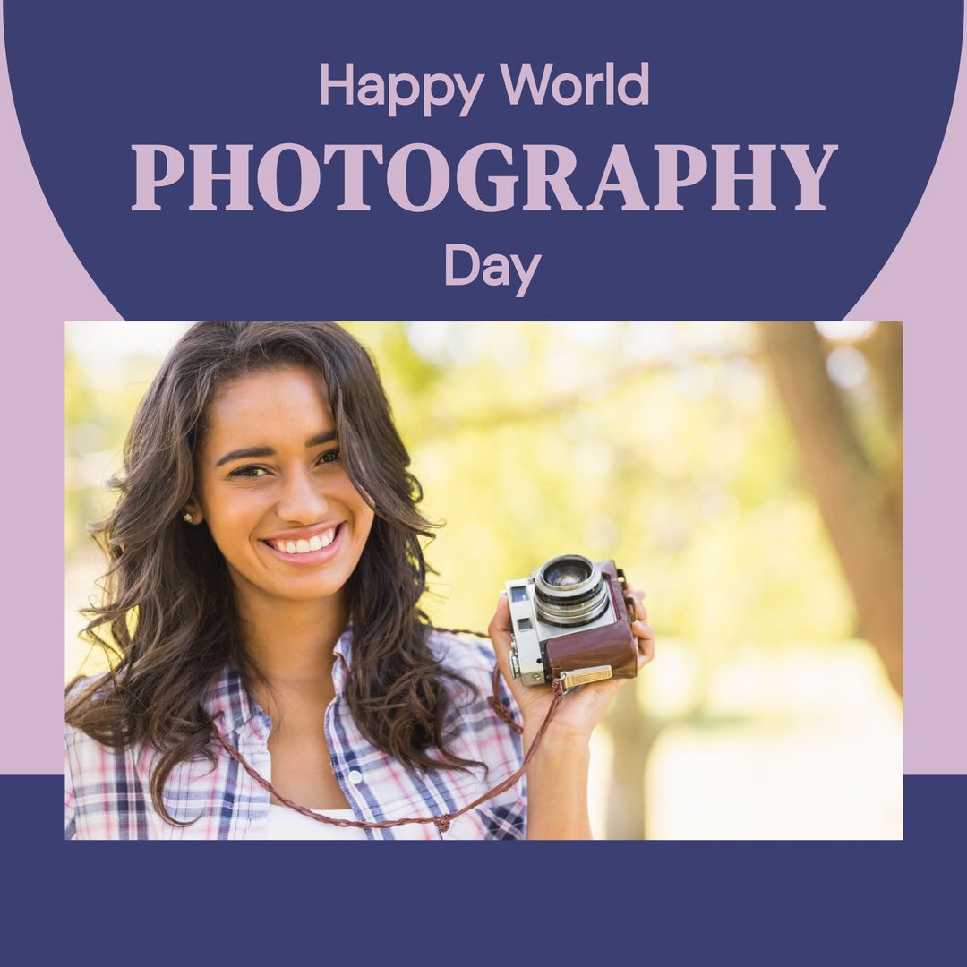 Happy World Photography Day Celebration with Smiling Woman Holding Camera in Park - Download Free Stock Templates Pikwizard.com