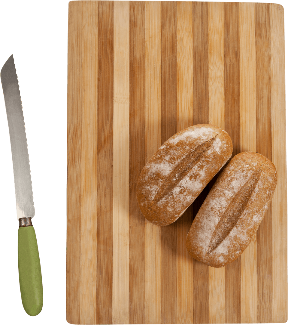 Transparent Bread on Cutting Board with Knife on White Background