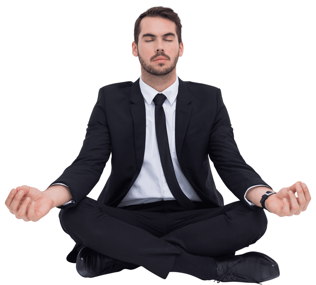 Transparent Businessman Meditating in Lotus Pose Seeking Balance
