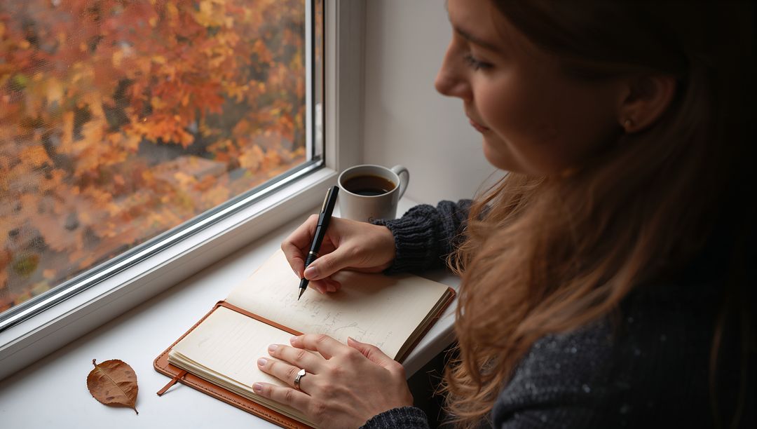 Woman Writing in Notebook by Window with Autumn View
