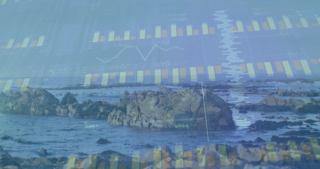 Coastal Landscape with Enhanced Digital Data Visualization Overlay