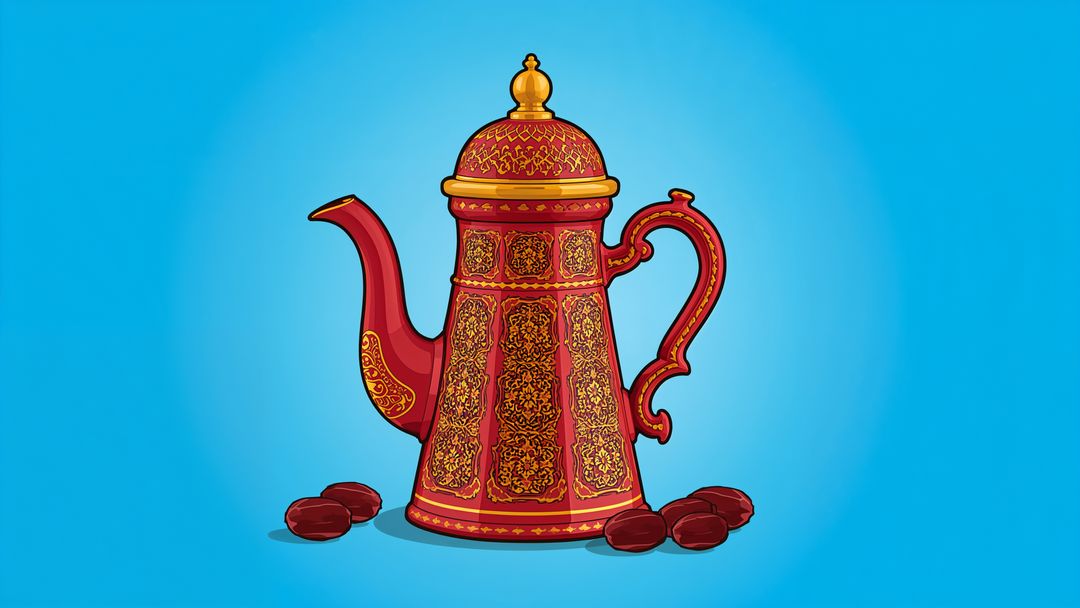 Ornate Red Coffee Pot with Dates on Blue Backdrop