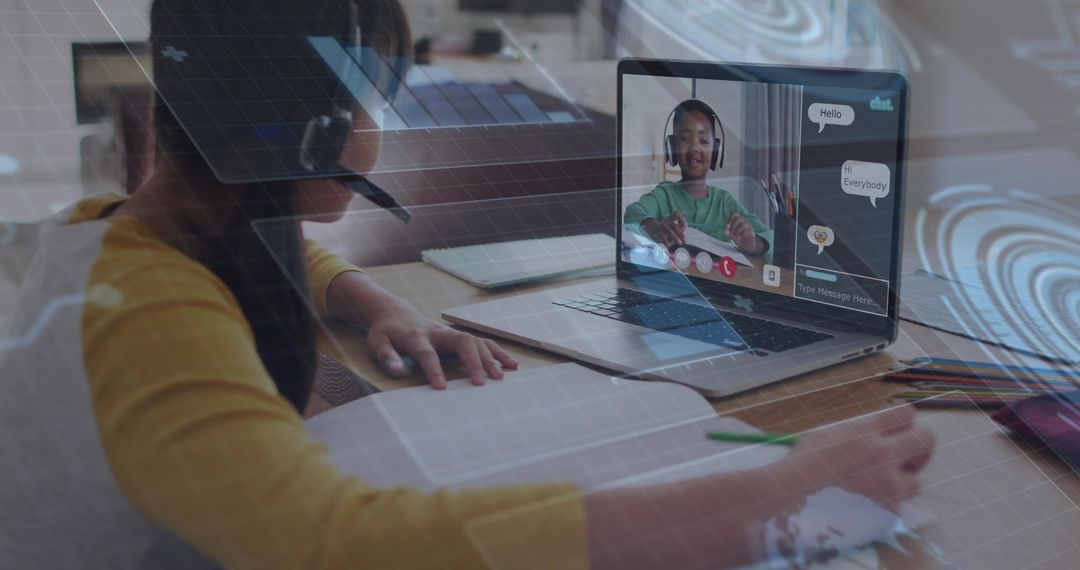 Child Engaging in Online Learning Session at Home with Classmate on Video Call