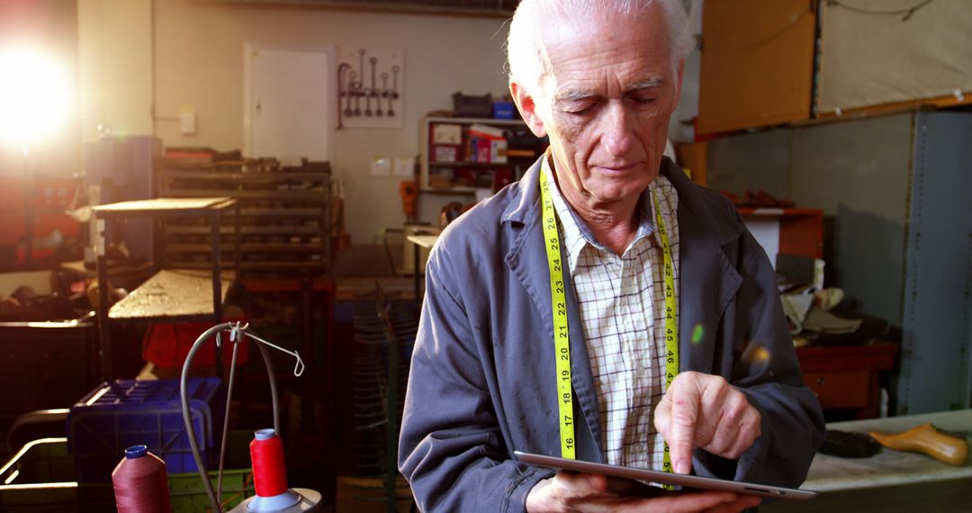 Elderly Tailor Using Digital Tablet in Workshop - Free Images, Stock Photos and Pictures on Pikwizard.com