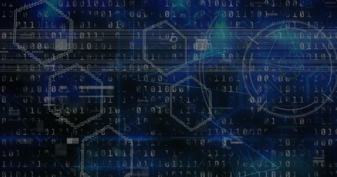 Abstract Binary Code and Geometric Shapes on Dark Background