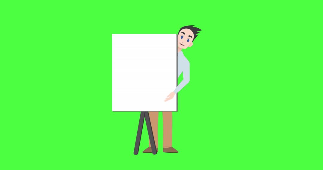 Animated Man Presenting Blank Whiteboard on Green Background