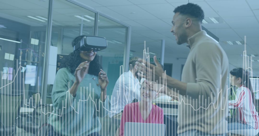 Diverse Team Exploring Virtual Reality Data in Modern Office