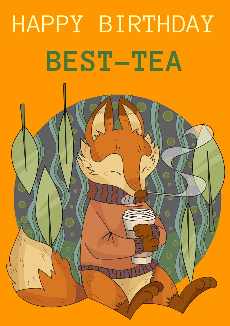 Happy Birthday Card with Cozy Fox Drinking Tea - Download Free Stock Templates Pikwizard.com