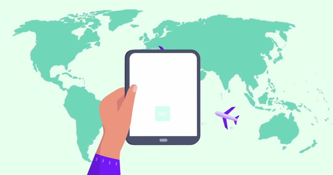 Hand Holding Tablet with World Map Background Illustrating Digital Travel Concept