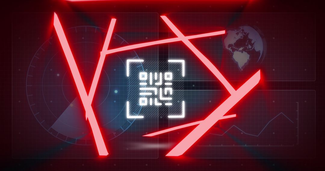 Neon QR Code with Technology Data Elements Background