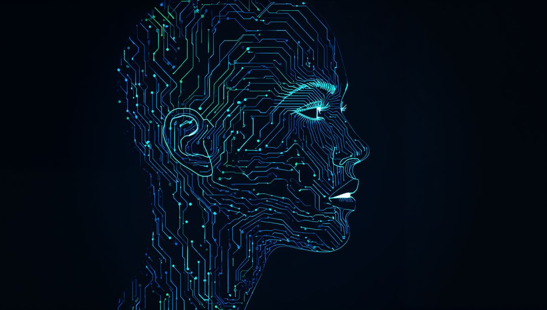 Glowing circuitry forming stylized human head profile representing AI neural network
