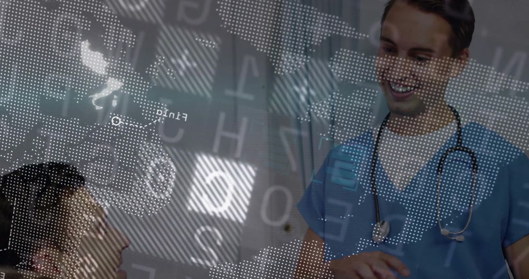 Smiling Clinician in Blue Scrubs Communicating with Patient with World Map HUD Overlay