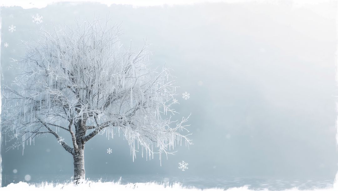 Frosted Tree Drooping with Long Icicles in Snowy Meadow, Minimal Blue Gray Winter Scene