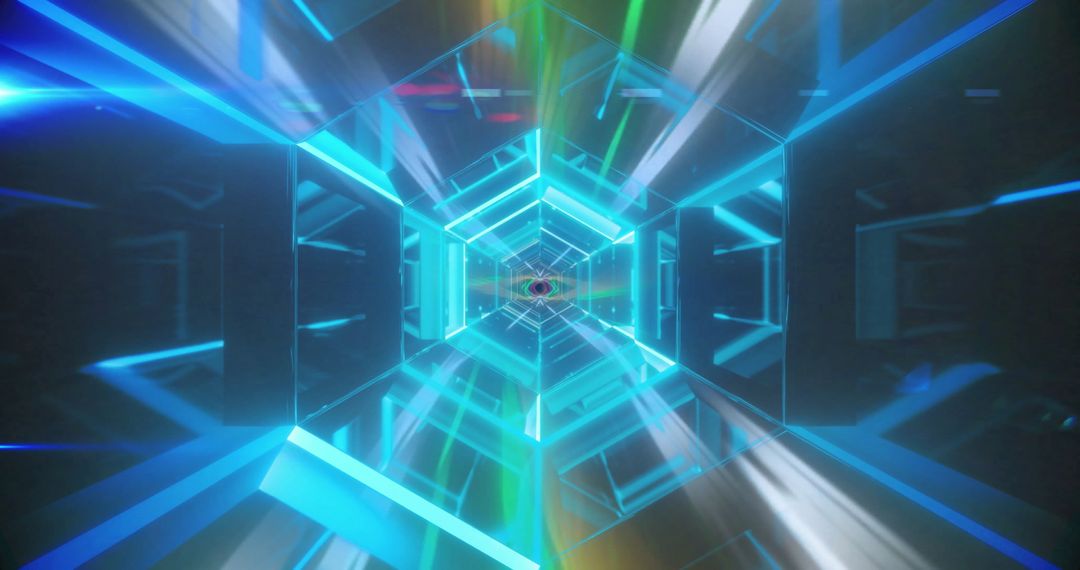 Illuminated Futuristic Hexagonal Tunnel with Multicolored Holographic Patterns