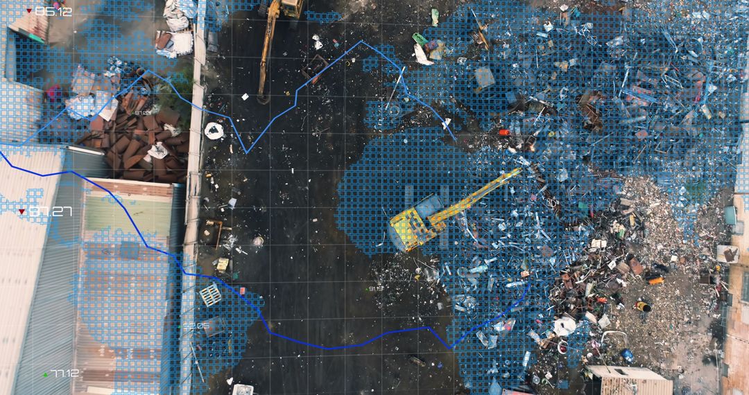 Aerial Industrial Data Visualization Overlay with Financial Graphs