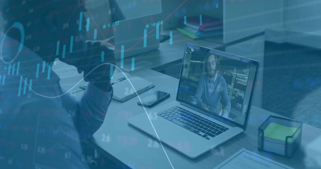 Business Team Remote Meeting with Financial Data Overlay