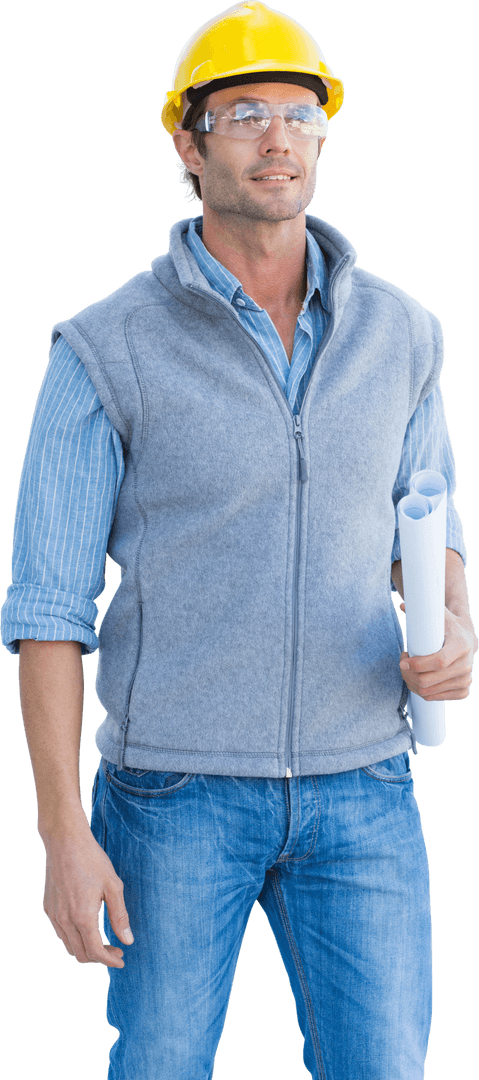 Caucasian Engineer Wearing Helmet Holding Blueprints Transparent Background
